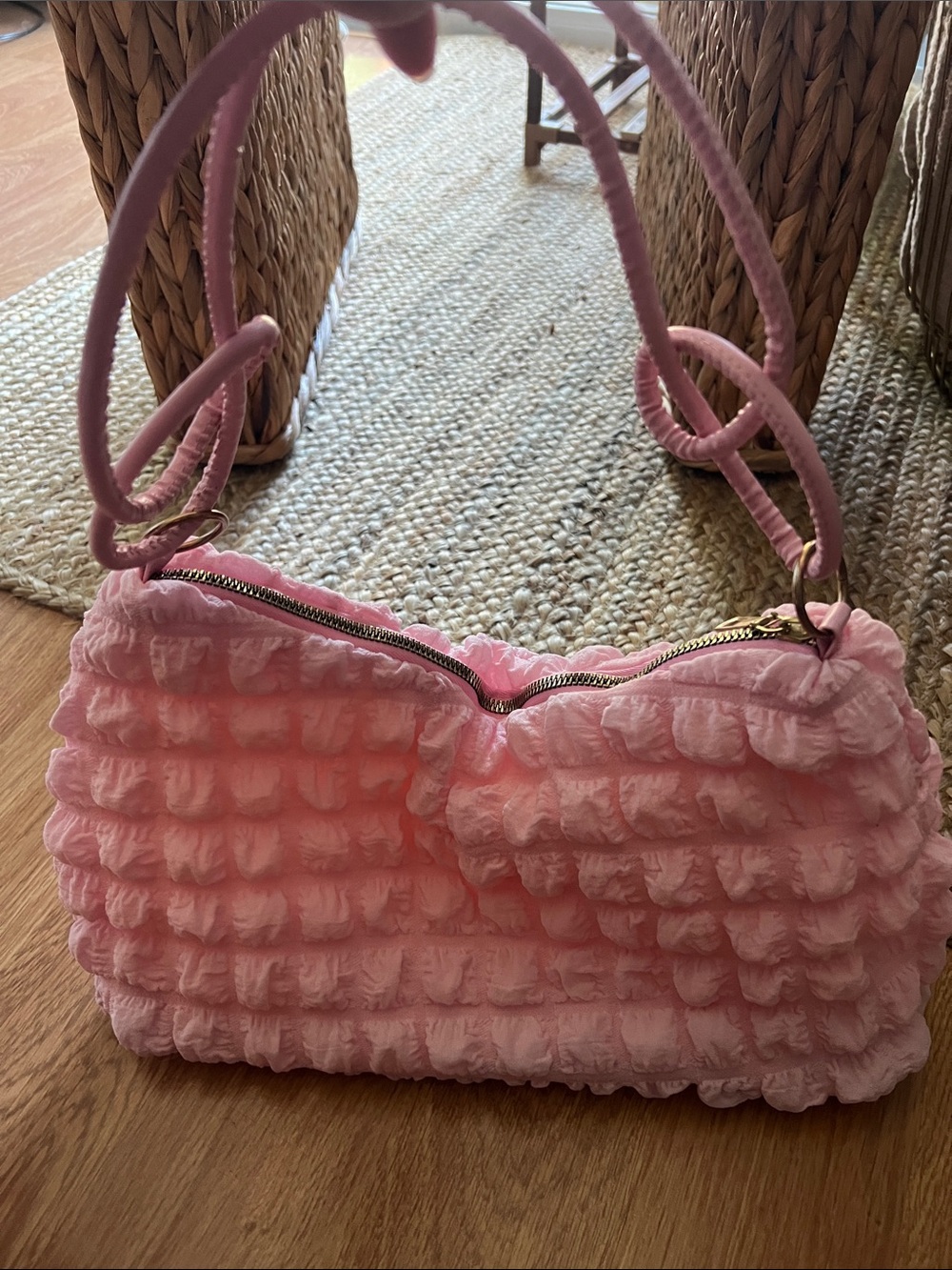 Pink Textured Shoulder Bag - Soft Ruched Design - Picture 3 of 4
